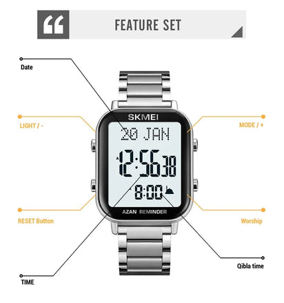 SKMEI 2135 Azan Digital Watches Prayer with Qibla Compass Adhan Alarm Hijri Islamic Wristwatches Clock Back Light Display Muslim