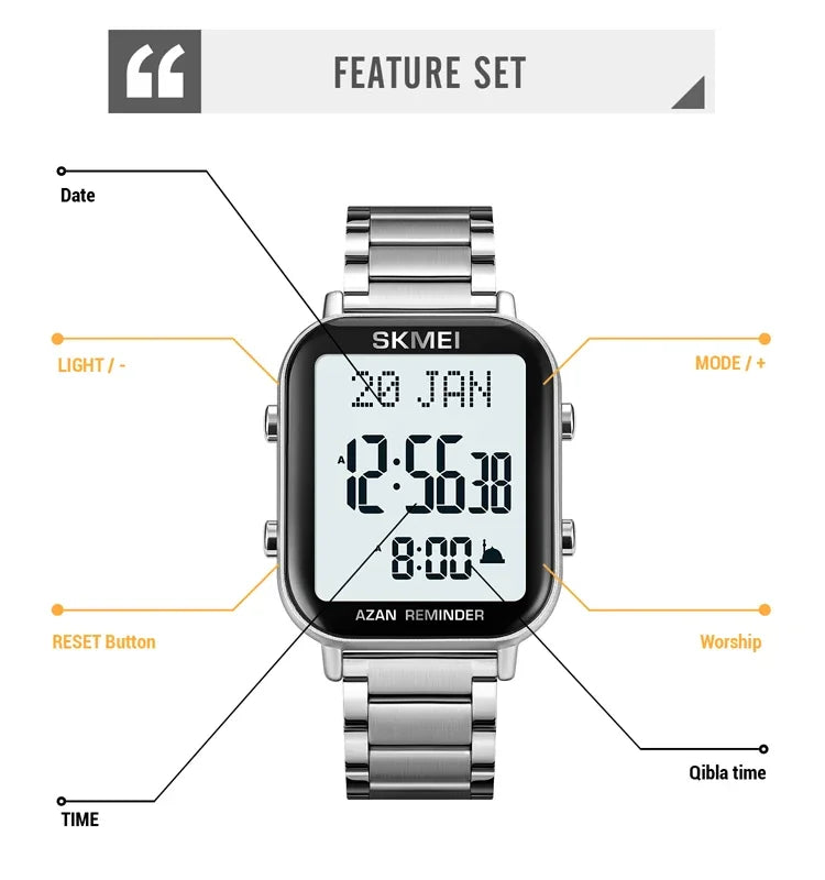 SKMEI 2135 Azan Digital Watches Prayer with Qibla Compass Adhan Alarm Hijri Islamic Wristwatches Clock Back Light Display Muslim