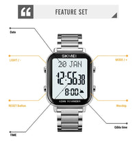 SKMEI 2135 Azan Digital Watches Prayer with Qibla Compass Adhan Alarm Hijri Islamic Wristwatches Clock Back Light Display Muslim