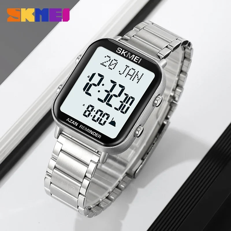 SKMEI 2135 Azan Digital Watches Prayer with Qibla Compass Adhan Alarm Hijri Islamic Wristwatches Clock Back Light Display Muslim