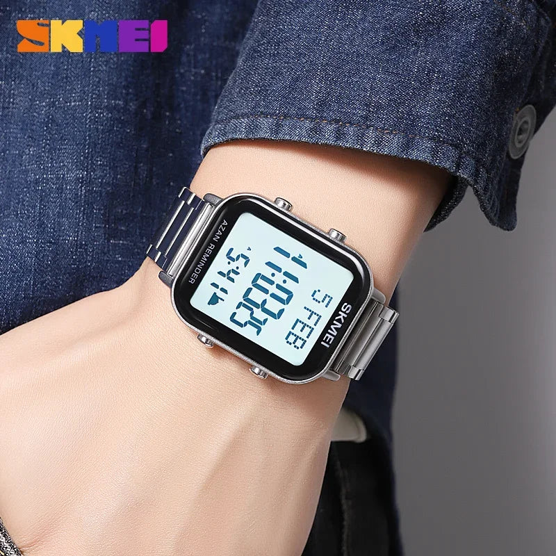 SKMEI 2135 Azan Digital Watches Prayer with Qibla Compass Adhan Alarm Hijri Islamic Wristwatches Clock Back Light Display Muslim